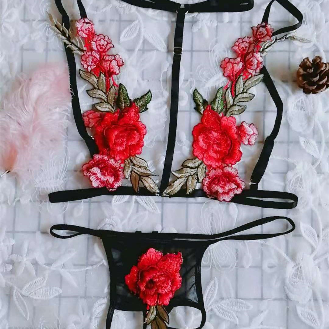 Embroidered rose lingerie set