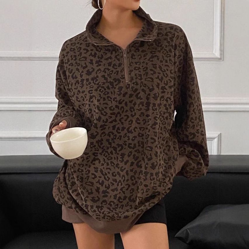 Retro leopard print stand-up collar women's coat, 2026 new loose sweatshirt